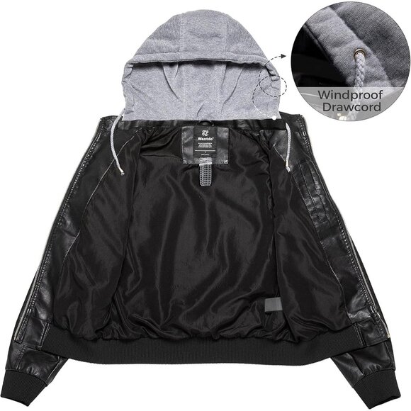 Wantdo Women Black-1 Motorcycle Short PU Faux Leather Jacket with Removable Hood - Picture 3 of 7